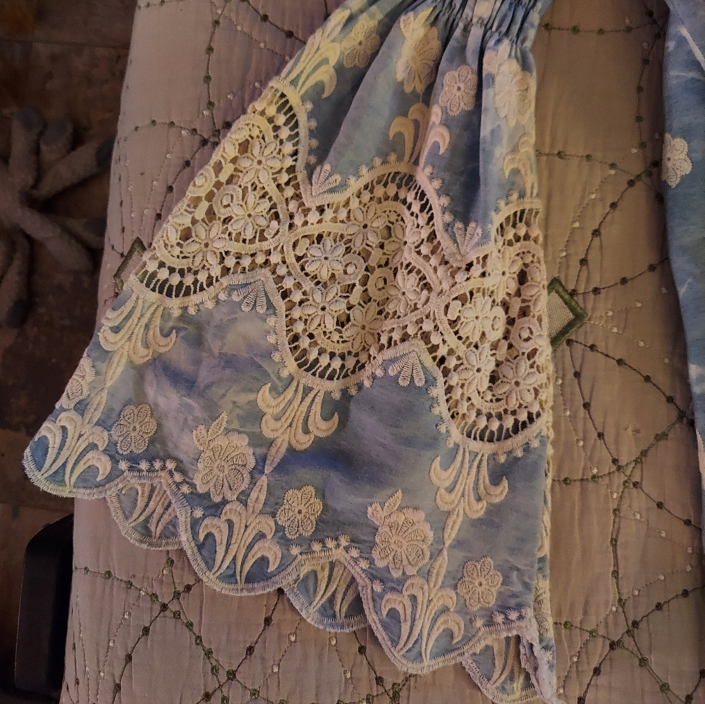 NWOT Union Of Angels Embroidered Blue And Cream Cotton Dress Bell Sleeves XS - Picture 5 of 14